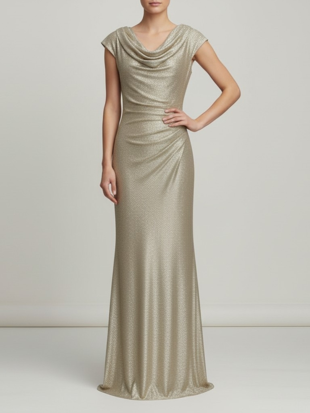 Tahari Arthur S Levine Metallic Gold Cowl Neck Draped Gown Size 12